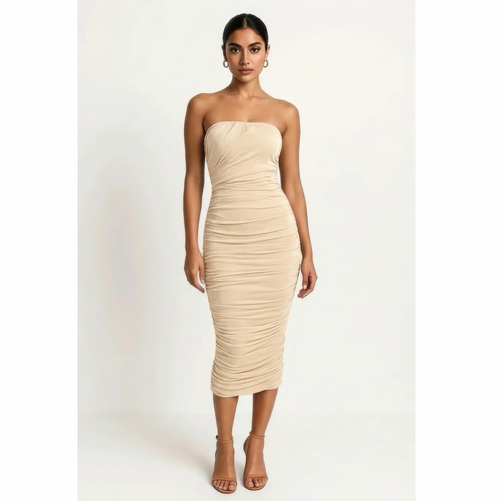 Elegant Strapless Cream Bodycon Midi Dress with Shirring Details and Soft Lining